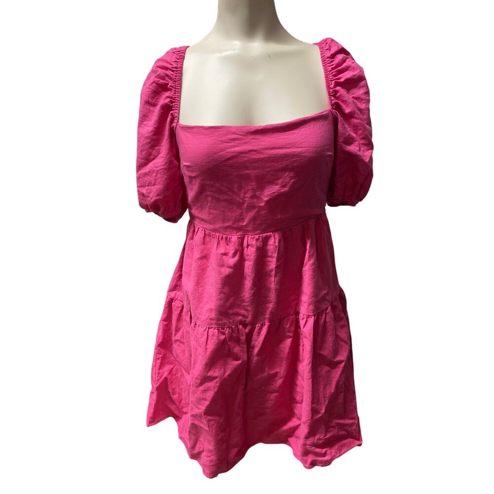 Hello Molly Womens Size 6 Pink Square Neck Puff Short Sleeve Tiered Mini Dress